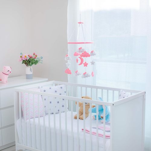  Piccolin Baby Crib Mobile, Hanging Toys, Nursery Decor for Girls White and Pink Room Decorations, Clouds, Moons and Stars Safe, Non-Toxic, Crib Mobile for Newborn, Baby Shower Pres