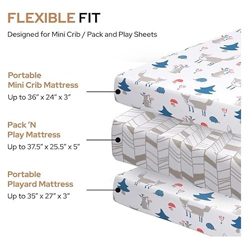  Pack n Play Sheets with Fox Pattern - 100% Organic Cotton Pack n Play Fitted Sheet - Premium Mini Pack and Play Sheets - Pickle & Pumpkin Sheet Compatible as Graco Pack n Play Sheet & Mini Crib Sheets