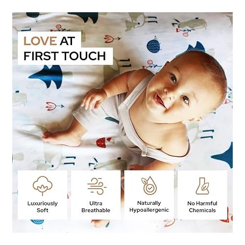  Pack n Play Sheets with Fox Pattern - 100% Organic Cotton Pack n Play Fitted Sheet - Premium Mini Pack and Play Sheets - Pickle & Pumpkin Sheet Compatible as Graco Pack n Play Sheet & Mini Crib Sheets