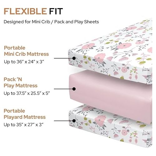  Pack n Play Sheets with Floral Pattern - 100% Organic Cotton Pack n Play Fitted Sheet - Premium Pack and Play Sheets - Pickle & Pumpkin Sheet Compatible as Graco Pack n Play Sheet & Mini Crib Sheets