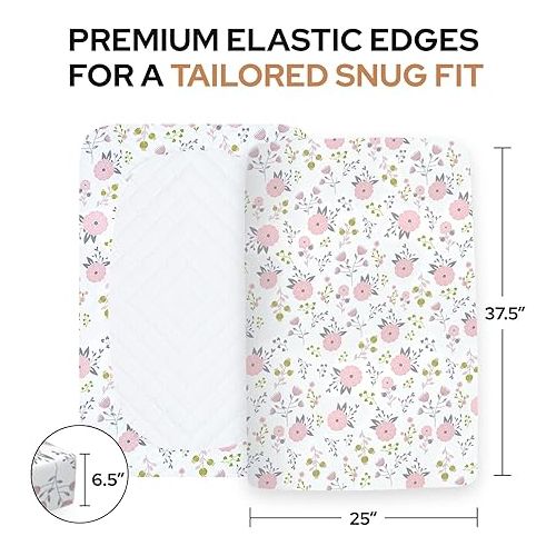  Pack n Play Sheets with Floral Pattern - 100% Organic Cotton Pack n Play Fitted Sheet - Premium Pack and Play Sheets - Pickle & Pumpkin Sheet Compatible as Graco Pack n Play Sheet & Mini Crib Sheets