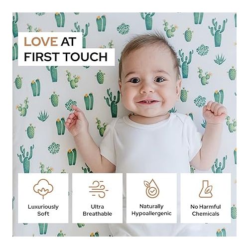  Mini Crib Sheet with Cactus Pattern - 100% Organic Cotton Pack n Play Fitted Sheet - Premium Mini Pack and Play Sheets - Pickle & Pumpkin Sheet Compatible as Graco Pack n Play Sheet & Mini Crib Sheets
