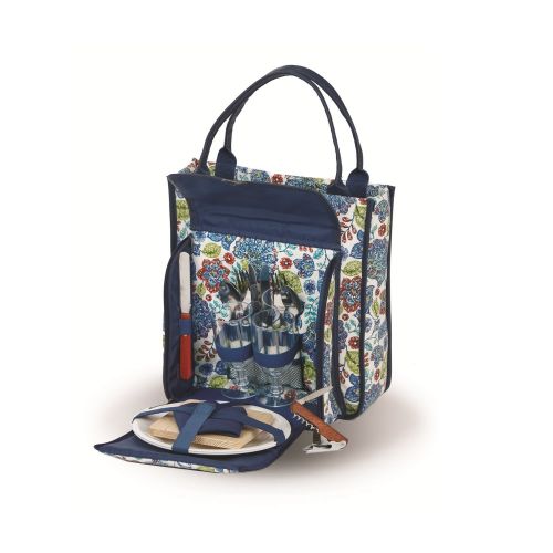  Picnic Plus Wine & Picnic Tote for 2 Person with a Thermal Foil Insulated Food Compartment, Set of Two (2) Melamine Dinner Plates, Stainless Steel Utensils (16 Pieces Included) (Blue Peacock)