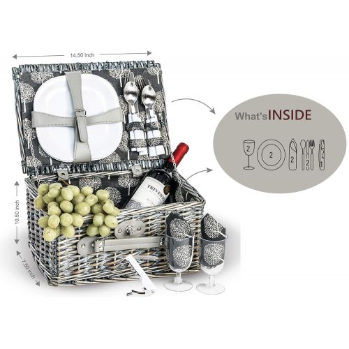  Picnic Plus Boothbay 2 Person Willow Picnic Basket Set With Plates Flatware Wine Glasses Cotton Napkins Corkscrew (14 Pcs Included)