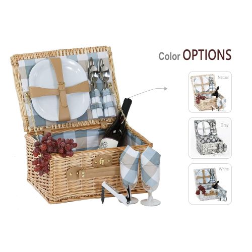  Picnic Plus Boothbay 2 Person Willow Picnic Basket Set With Plates Flatware Wine Glasses Cotton Napkins Corkscrew (14 Pcs Included)