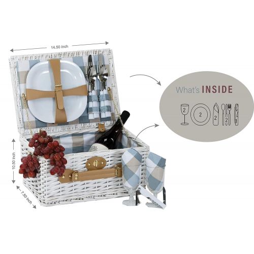  Picnic Plus Boothbay 2 Person Willow Picnic Basket Set With Plates Flatware Wine Glasses Cotton Napkins Corkscrew (14 Pcs Included)
