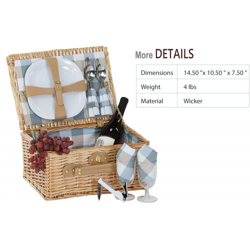  Picnic Plus Boothbay 2 Person Willow Picnic Basket Set With Plates Flatware Wine Glasses Cotton Napkins Corkscrew (14 Pcs Included)