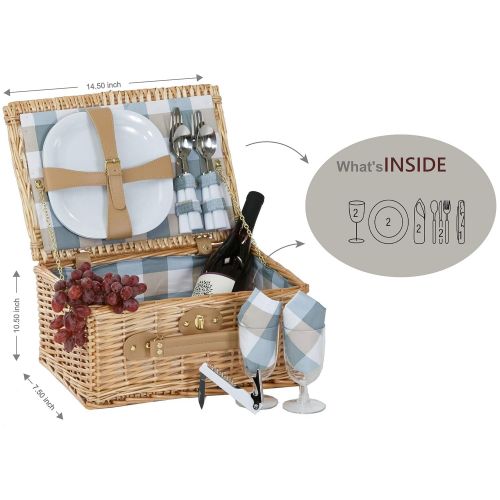  Picnic Plus Boothbay 2 Person Willow Picnic Basket Set With Plates Flatware Wine Glasses Cotton Napkins Corkscrew (14 Pcs Included)