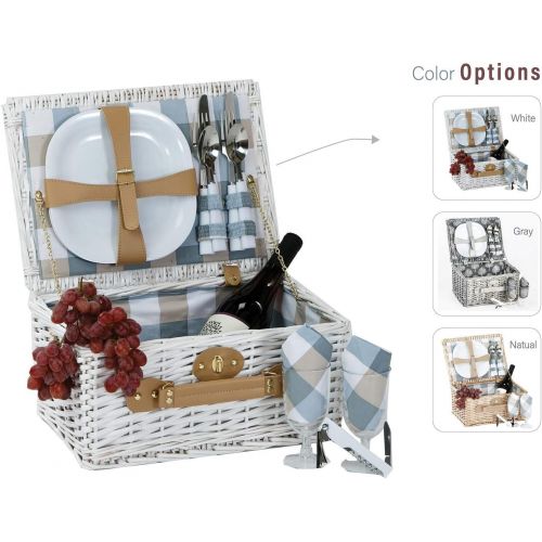  Picnic Plus Boothbay 2 Person Willow Picnic Basket Set With Plates Flatware Wine Glasses Cotton Napkins Corkscrew (14 Pcs Included)