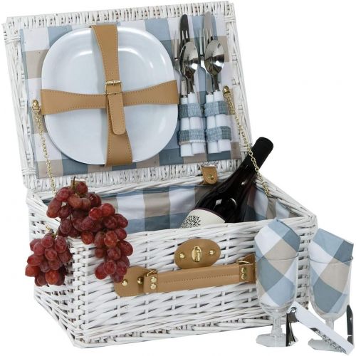  Picnic Plus Boothbay 2 Person Willow Picnic Basket Set With Plates Flatware Wine Glasses Cotton Napkins Corkscrew (14 Pcs Included)