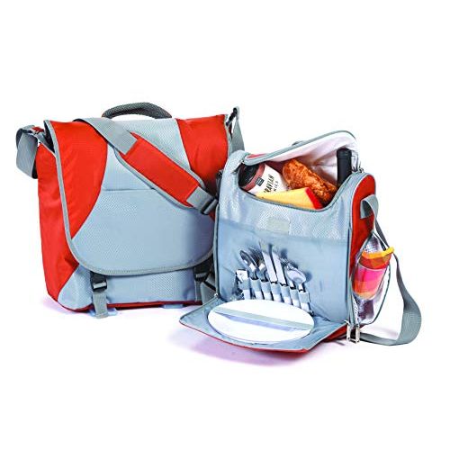  Picnic Plus 2 Person Messenger Bag Complete Picnic Set Includes Separate Insulated Cooler Bag, Utensils, Plates, Plus Storage for Tablet or Laptop