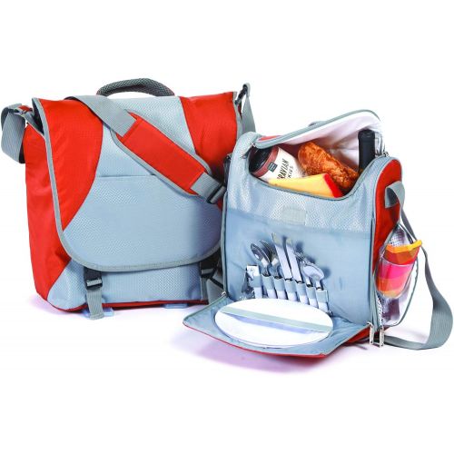  Picnic Plus 2 Person Messenger Bag Complete Picnic Set Includes Separate Insulated Cooler Bag, Utensils, Plates, Plus Storage for Tablet or Laptop