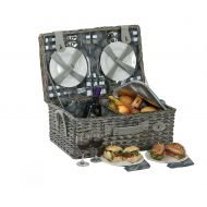Picnic Plus Nantucket 4 person Complete Picnic Basket Vintage Grey 28 Piece Ceramic Plates, Wine Glasses, Stainless Steel Utensils,Thermal Foil insulated Food Compartment