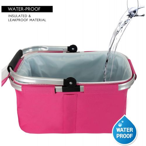  Picnic Pro Premium Large Insulated Picnic Basket, 29L Leak Proof Collapsible Portable Cooler Basket Set with Aluminium Handle for Travel, Shopping, Camping, Attach with a Free Foldable Grocer