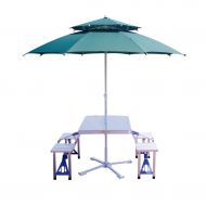 Picnic Table Folding Aluminum Camping Table Outdoor Portable Picnic Suitcase Table Set W/Bench 4 Seat with Rotatable Umbrella and Umbrella Seat