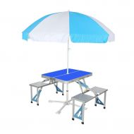 Picnic Table Aluminum Folding Camping Table Outdoor Portable Picnic Suitcase Table Set W/Bench 4 Seat with Umbrella and Umbrella Seat (Color : Blue)
