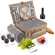 Picnic Traditions Wicker Picnic Basket Set | 4 Person Deluxe Vintage Style Woven Willow Picnic Hamper with Blanket | Ceramic Plates, Stainless Steel Silverware, Wine Glasses, S/P Shakers, Bottle Ope