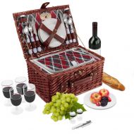 Picnic Traditions Wicker Picnic Basket Set | 4 Person Deluxe Vintage Style Woven Willow Picnic Hamper | Built-in Cooler | Ceramic Plates, Stainless Steel Silverware, Wine Glasses, S/P Shakers, Bottl