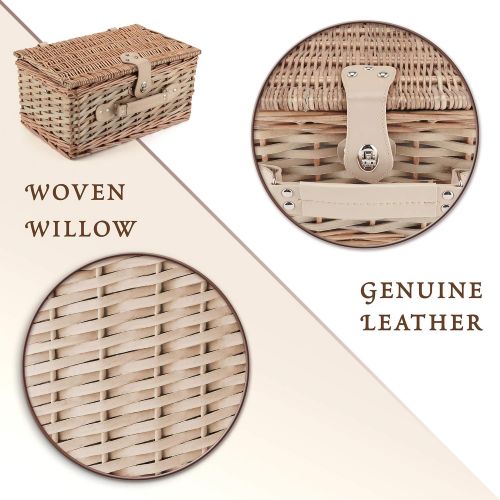  Picnic Traditions Wicker Picnic Basket Set | 2 Person Deluxe Vintage Style Woven Willow Picnic Hamper | Built-in Cooler | Ceramic Plates, Stainless Steel Silverware, Wine Glasses, S/P Shakers, Bottl