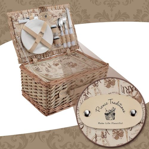  Picnic Traditions Wicker Picnic Basket Set | 2 Person Deluxe Vintage Style Woven Willow Picnic Hamper | Built-in Cooler | Ceramic Plates, Stainless Steel Silverware, Wine Glasses, S/P Shakers, Bottl