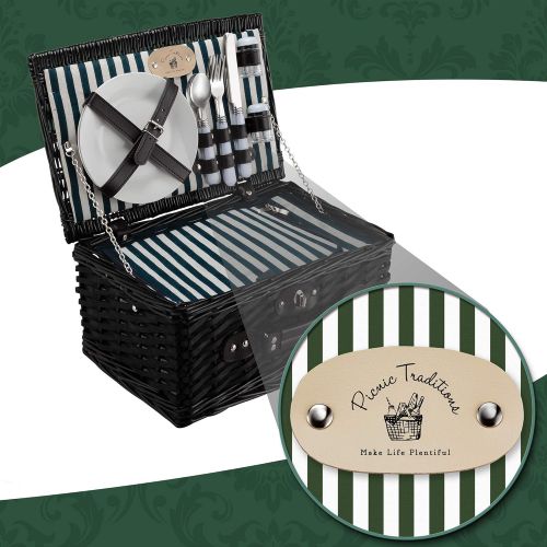  Picnic Traditions Wicker Picnic Basket Set | 2 Person Deluxe Vintage Style Woven Willow Picnic Hamper | Built-in Cooler | Ceramic Plates, Stainless Steel Silverware, Wine Glasses, S/P Shakers, Bottl