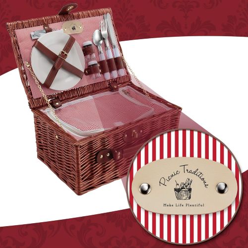  Picnic Traditions Wicker Picnic Basket Set | 2 Person Deluxe Vintage Style Woven Willow Picnic Hamper | Built-in Cooler | Ceramic Plates, Stainless Steel Silverware, Wine Glasses, S/P Shakers, Bottl