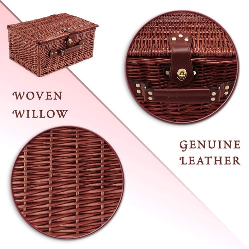  Picnic Traditions Wicker Picnic Basket Set | 2 Person Deluxe Vintage Style Woven Willow Picnic Hamper | Built-in Cooler | Ceramic Plates, Stainless Steel Silverware, Wine Glasses, S/P Shakers, Bottl