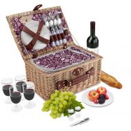 Picnic Traditions Wicker Picnic Basket Set | 4 Person Deluxe Vintage Style Woven Willow Picnic Hamper | Built-in Cooler | Ceramic Plates, Stainless Steel Silverware, Wine Glasses, S/P Shakers, Bottl