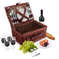 Picnic Traditions Wicker Picnic Basket Set | 4 Person Deluxe Vintage Style Woven Willow Picnic Hamper Kit | Ceramic Plates, Stainless Steel Silverware, Wine Glasses, S/P Shakers, Bottle Opener (Gree