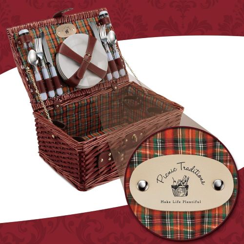  Picnic Traditions Wicker Picnic Basket Set | 4 Person Deluxe Vintage Style Woven Willow Picnic Hamper Kit | Ceramic Plates, Stainless Steel Silverware, Wine Glasses, S/P Shakers, Bottle Opener (Gree