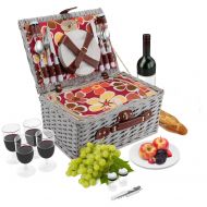 Picnic Traditions Wicker Picnic Basket Set | 4 Person Deluxe Vintage Style Woven Willow Picnic Hamper | Built-in Cooler | Ceramic Plates, Stainless Steel Silverware, Wine Glasses, S/P Shakers, Bottl