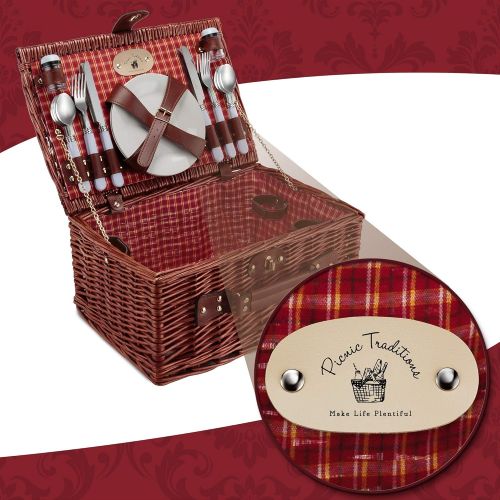  Picnic Traditions Wicker Picnic Basket Set | 4 Person Deluxe Vintage Style Woven Willow Picnic Hamper Kit | Ceramic Plates, Stainless Steel Silverware, Wine Glasses, S/P Shakers, Bottle Opener (Red/