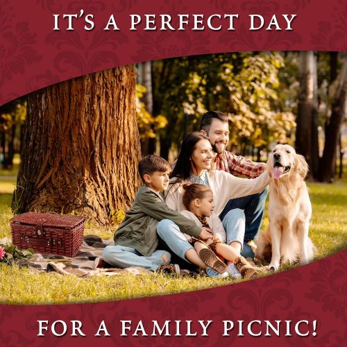  Picnic Traditions Wicker Picnic Basket Set | 4 Person Deluxe Vintage Style Woven Willow Picnic Hamper Kit | Ceramic Plates, Stainless Steel Silverware, Wine Glasses, S/P Shakers, Bottle Opener (Red/