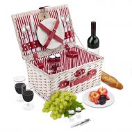 Picnic Traditions Wicker Picnic Basket Set | 2 Person Deluxe Vintage Style Woven Willow Picnic Hamper | Ceramic Plates, Stainless Steel Silverware, Wine Glasses, S/P Shakers, Bottle Opener, Summer P