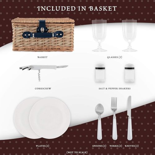  Picnic Traditions Wicker Picnic Basket Set | 2 Person Deluxe Vintage Style Woven Willow Picnic Hamper | Ceramic Plates, Stainless Steel Silverware, Wine Glasses, S/P Shakers, Bottle Opener, Summer P