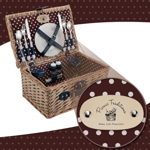  Picnic Traditions Wicker Picnic Basket Set | 2 Person Deluxe Vintage Style Woven Willow Picnic Hamper | Ceramic Plates, Stainless Steel Silverware, Wine Glasses, S/P Shakers, Bottle Opener, Summer P