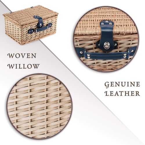  Picnic Traditions Wicker Picnic Basket Set | 2 Person Deluxe Vintage Style Woven Willow Picnic Hamper | Ceramic Plates, Stainless Steel Silverware, Wine Glasses, S/P Shakers, Bottle Opener, Summer P