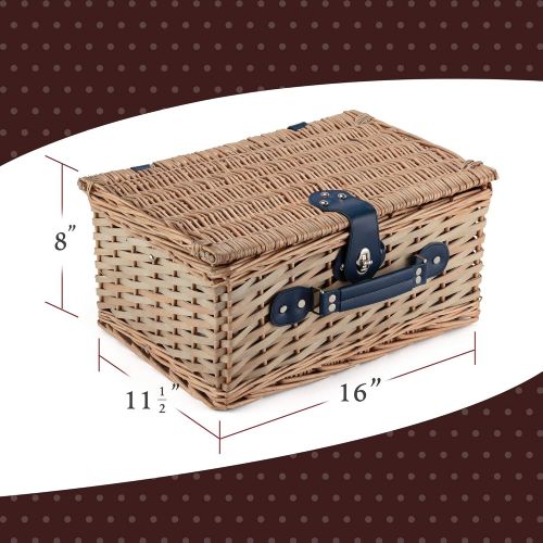  Picnic Traditions Wicker Picnic Basket Set | 2 Person Deluxe Vintage Style Woven Willow Picnic Hamper | Ceramic Plates, Stainless Steel Silverware, Wine Glasses, S/P Shakers, Bottle Opener, Summer P