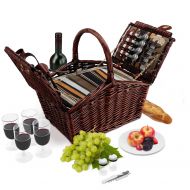 Picnic Traditions Wicker Picnic Basket | 4 Person Deluxe Double Lid Style Woven Willow Picnic Hamper | Built-In Cooler | Ceramic Plates, Stainless Steel Silverware, Wine Glasses, S/P Shakers, Bottle