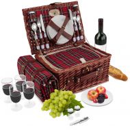 Picnic Traditions Wicker Picnic Basket | 4 Person Vintage Style Woven Willow Picnic Hamper with Blanket | Built-in Cooler | Ceramic Plates, Stainless Steel Silverware, Wine Glasses, S/P Shakers, Bot