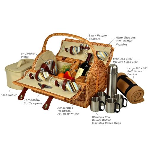  Picnic at Ascot Yorkshire Willow Picnic Basket with Service for 4 with Blanket- Designed, Assembled & Quality Approved in the USA