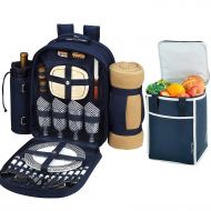 Picnic at Ascot Original Equipped Backpack for 4 with Blanket - Extra Bonus Cooler - Designed & Assembled in California - Navy