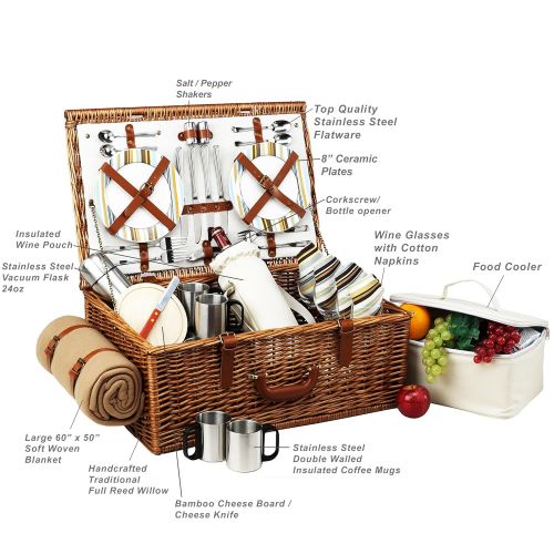  Picnic at Ascot Dorset English-Style Willow Picnic Basket with Service for 4, Coffee Set and Blanket- Designed, Assembled & Quality Approved in the USA