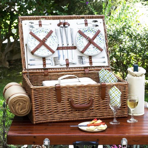  Picnic at Ascot Original Dorset English-Style Willow Picnic Basket with Service for 4 and Blanket- Designed, Assembled & Quality Approved in the USA