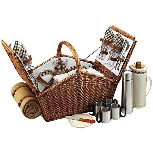  Picnic at Ascot Huntsman English-Style Willow Picnic Basket with Service for 4, Coffee Set and Blanket- Designed, Assembled & Quality Approved in the USA