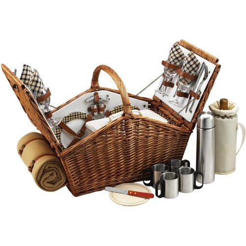  Picnic at Ascot Huntsman English-Style Willow Picnic Basket with Service for 4, Coffee Set and Blanket- Designed, Assembled & Quality Approved in the USA