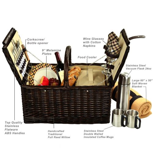  Picnic at Ascot Surrey Willow Picnic Basket with Service for 2 with Blanket and Coffee Set - Hamptons