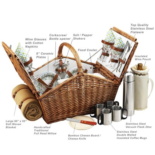  Picnic at Ascot Huntsman English-Style Willow Picnic Basket with Service for 4, Coffee Set and Blanket- Designed, Assembled & Quality Approved in the USA