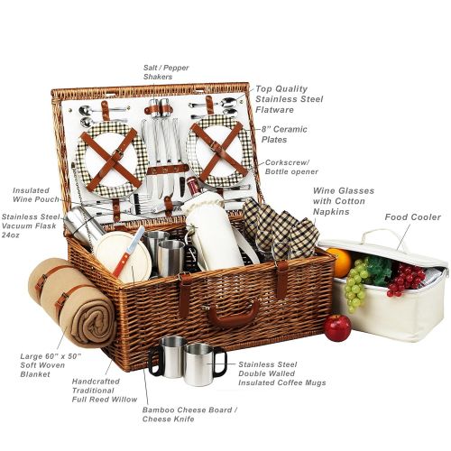  Picnic at Ascot Dorset English-Style Willow Picnic Basket with Service for 4, Coffee Set and Blanket - Santa Cruz