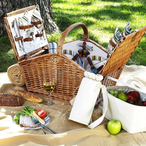  Picnic at Ascot Huntsman English-Style Willow Picnic Basket with Service for 4 and Blanket - London Plaid